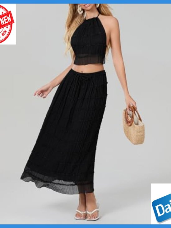 Strapless Crop Top Bodycon Midi Skirt Set 2 Piece Knit Outfit - Picture 3 of 6